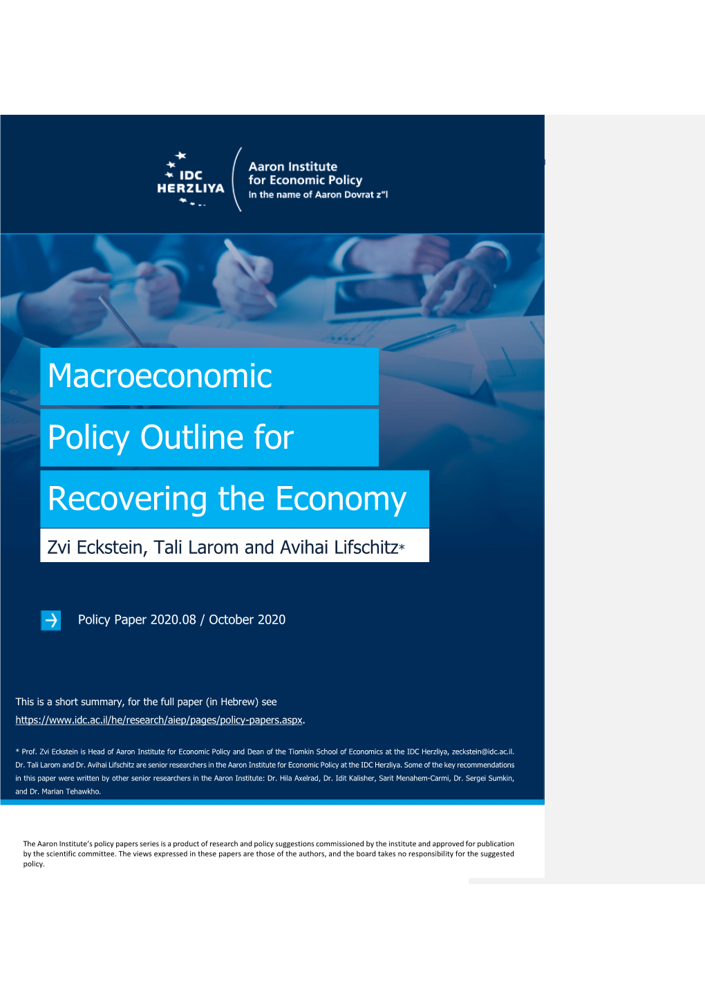 Policy Outline for Recovering the Economy Macroeconomic