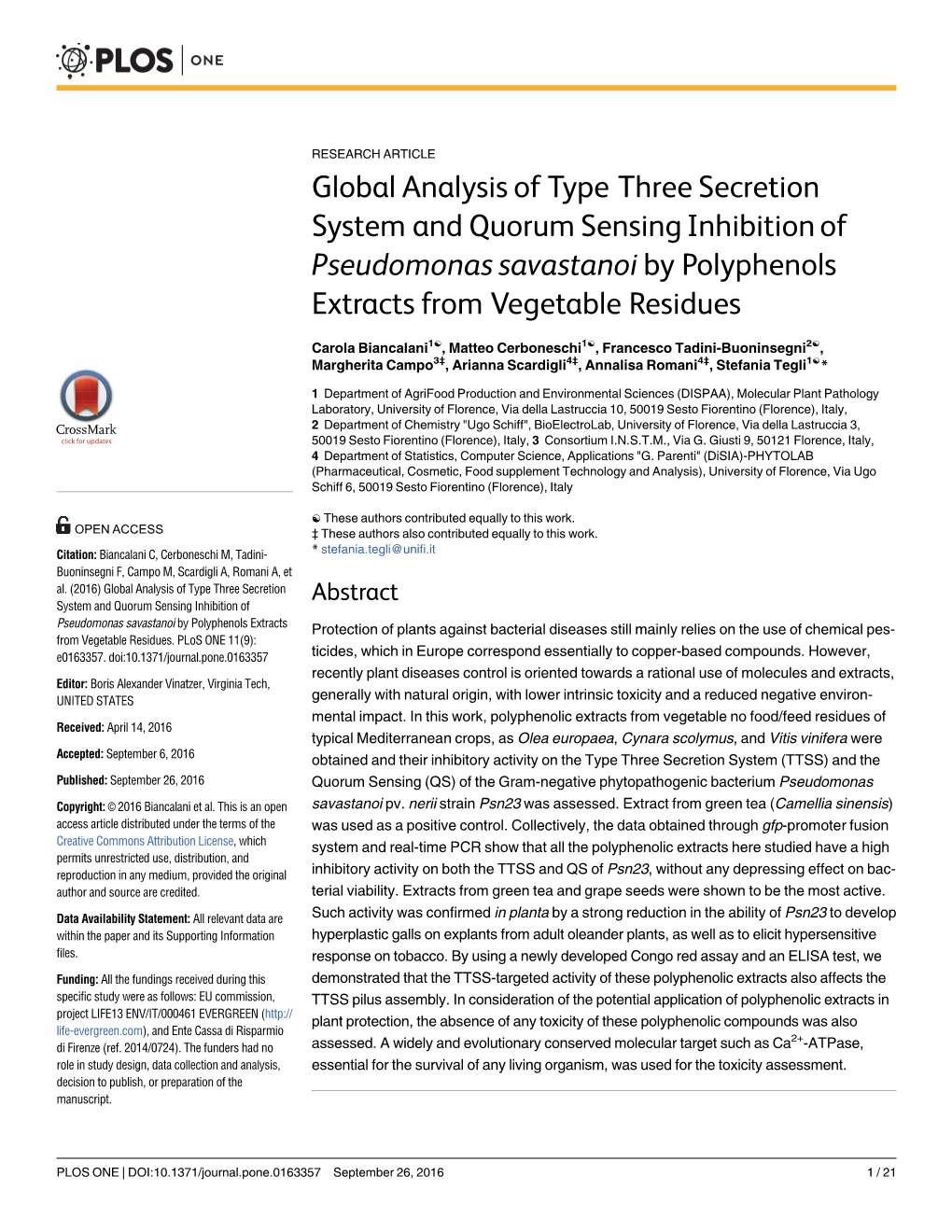 Global Analysis of Type Three Secretion System and Quorum Sensing Inhibition of Pseudomonas Savastanoi by Polyphenols Extracts from Vegetable Residues