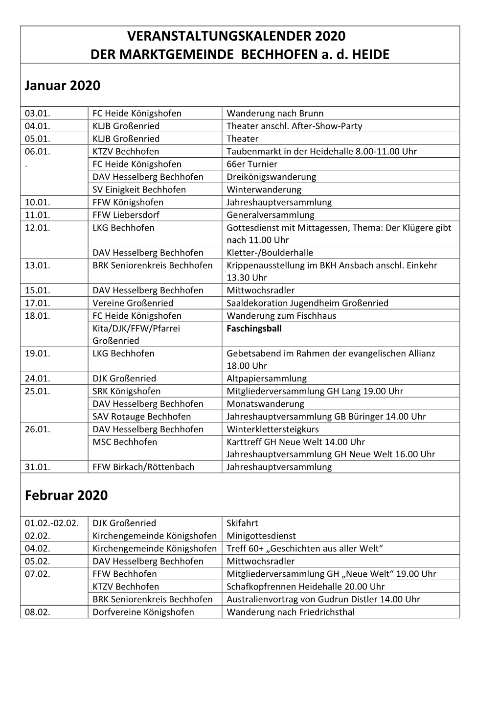 VERANSTALTUNGSKALENDER 2020 DER MARKTGEMEINDE BECHHOFEN A. D. HEIDE Januar 2020 Februar 2020