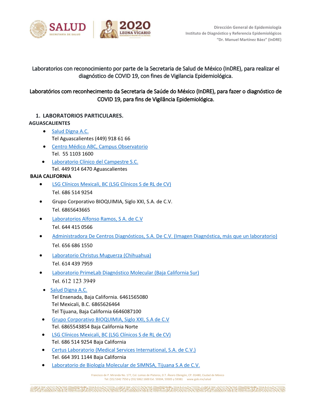 (Indre), Para Realizar El Diagnóstico De COVID 19, Con Fines De Vigilancia Epidemiológica