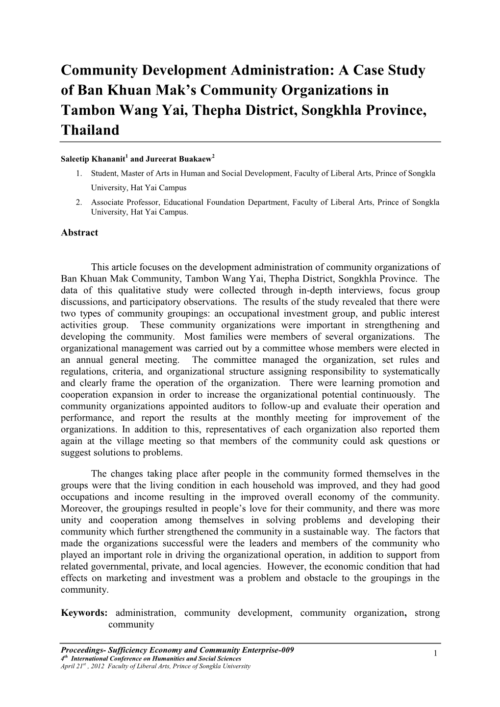 Community Development Administration: a Case Study of Ban Khuan Mak’S Community Organizations in Tambon Wang Yai, Thepha District, Songkhla Province, Thailand
