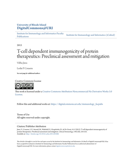 T-Cell Dependent Immunogenicity of Protein Therapeutics: Preclinical Assessment and Mitigation Vibha Jawa