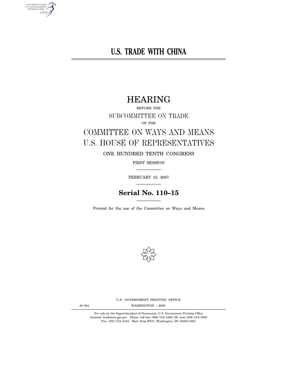 U.S. Trade with China Hearing Committee on Ways And