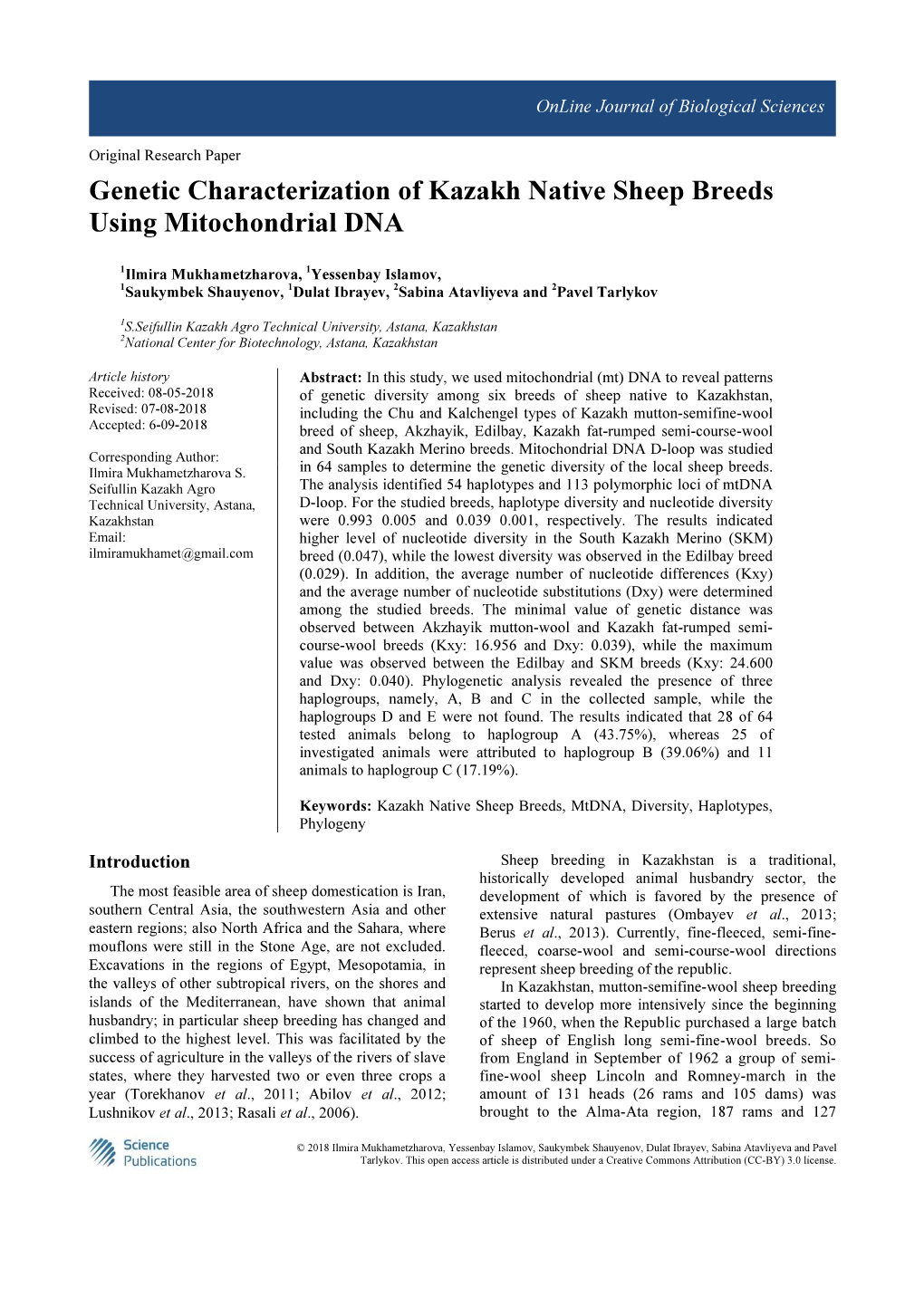 Genetic Characterization of Kazakh Native Sheep Breeds Using Mitochondrial DNA