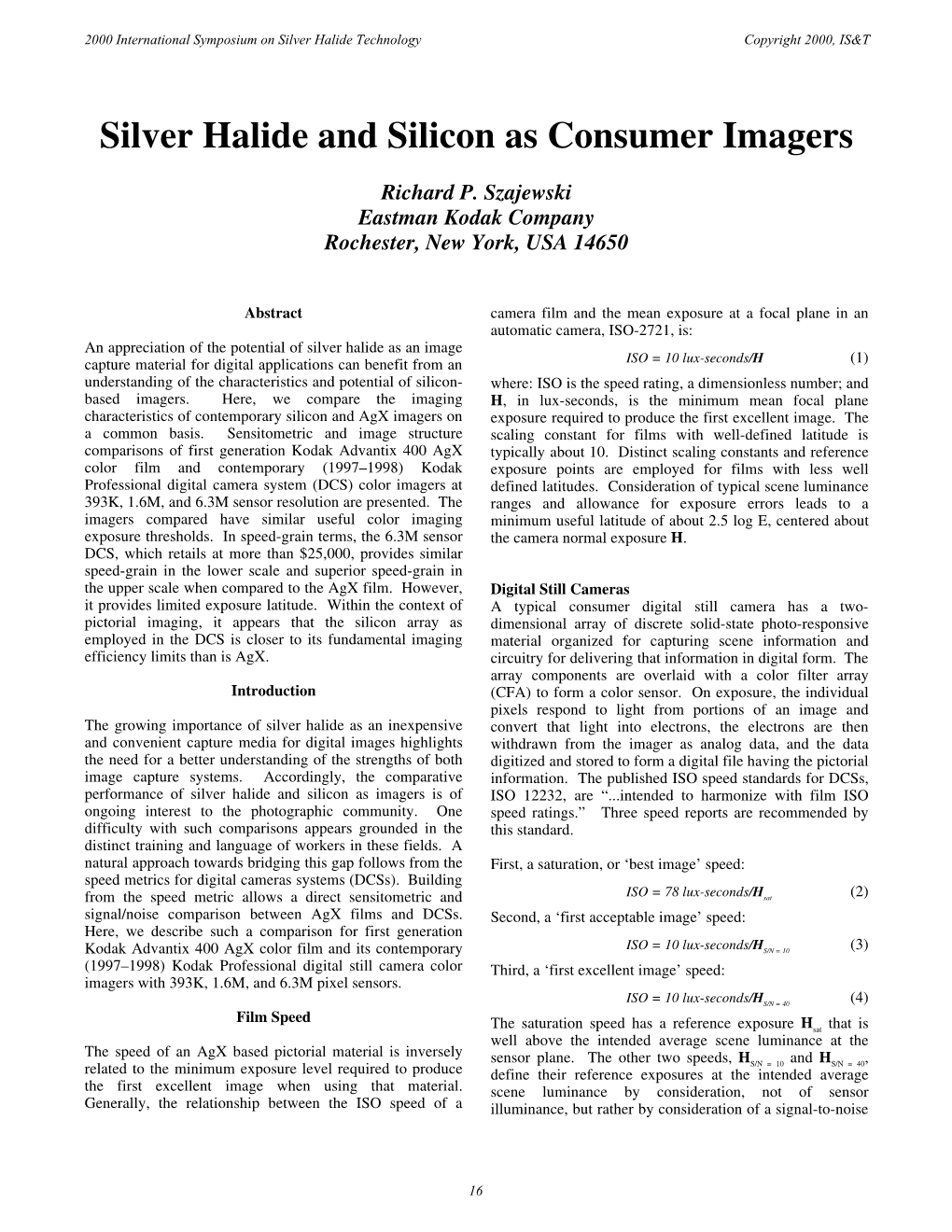 Silver Halide and Silicon As Consumer Imagers