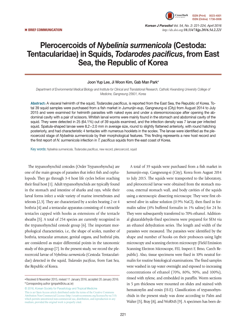 (Cestoda: Tentacularidae) in Squids, Todarodes Pacificus, from East Sea, the Republic of Korea