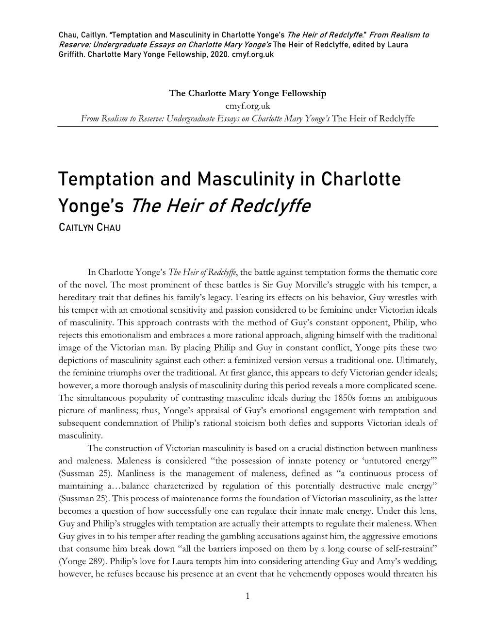 Temptation and Masculinity in Charlotte Yonge's the Heir of Redclyffe