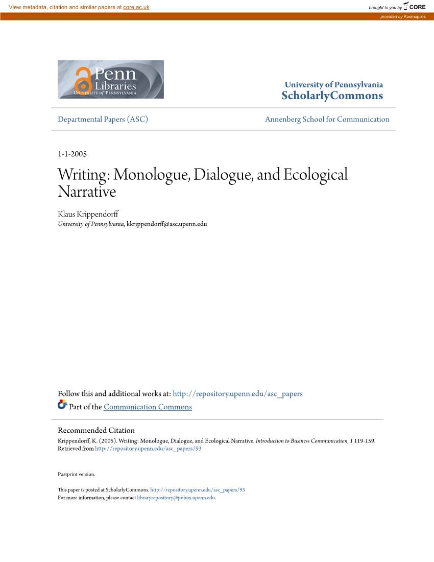 Writing: Monologue, Dialogue, and Ecological Narrative Klaus Krippendorff University of Pennsylvania, Kkrippendorff@Asc.Upenn.Edu