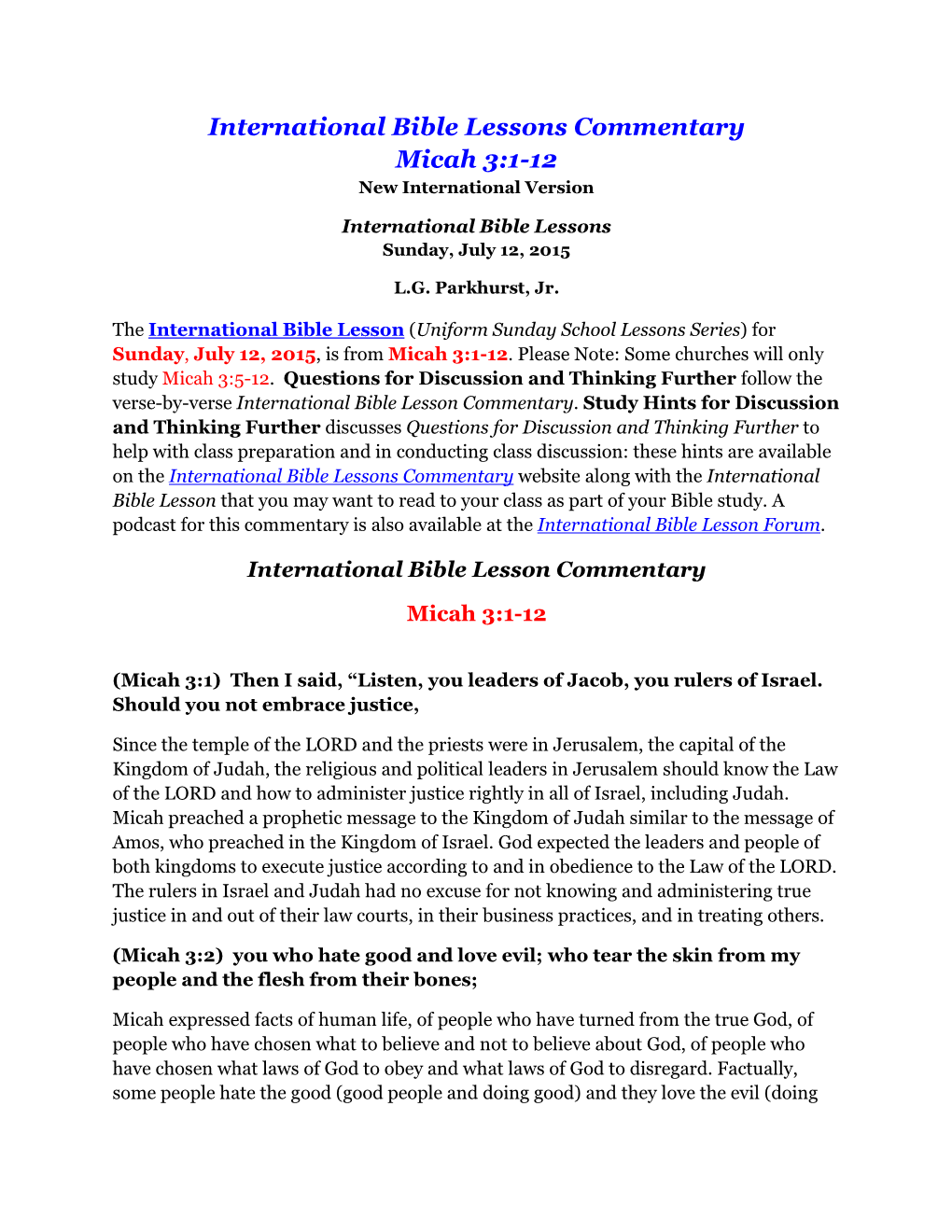 International Bible Lessons Commentary Micah 3:1-12 New International Version