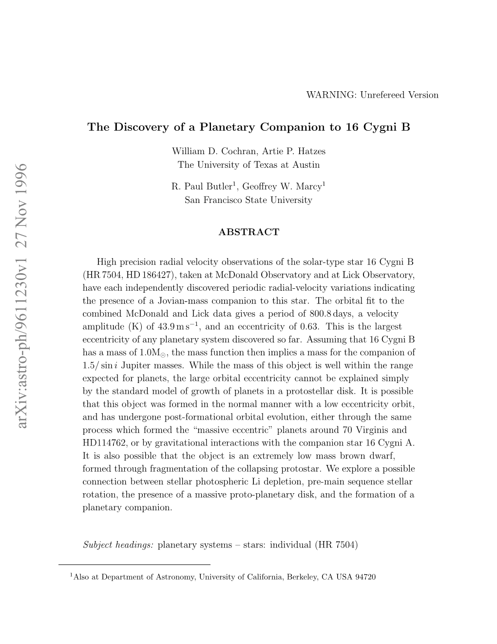 The Discovery of a Planetary Companion to 16 Cygni B