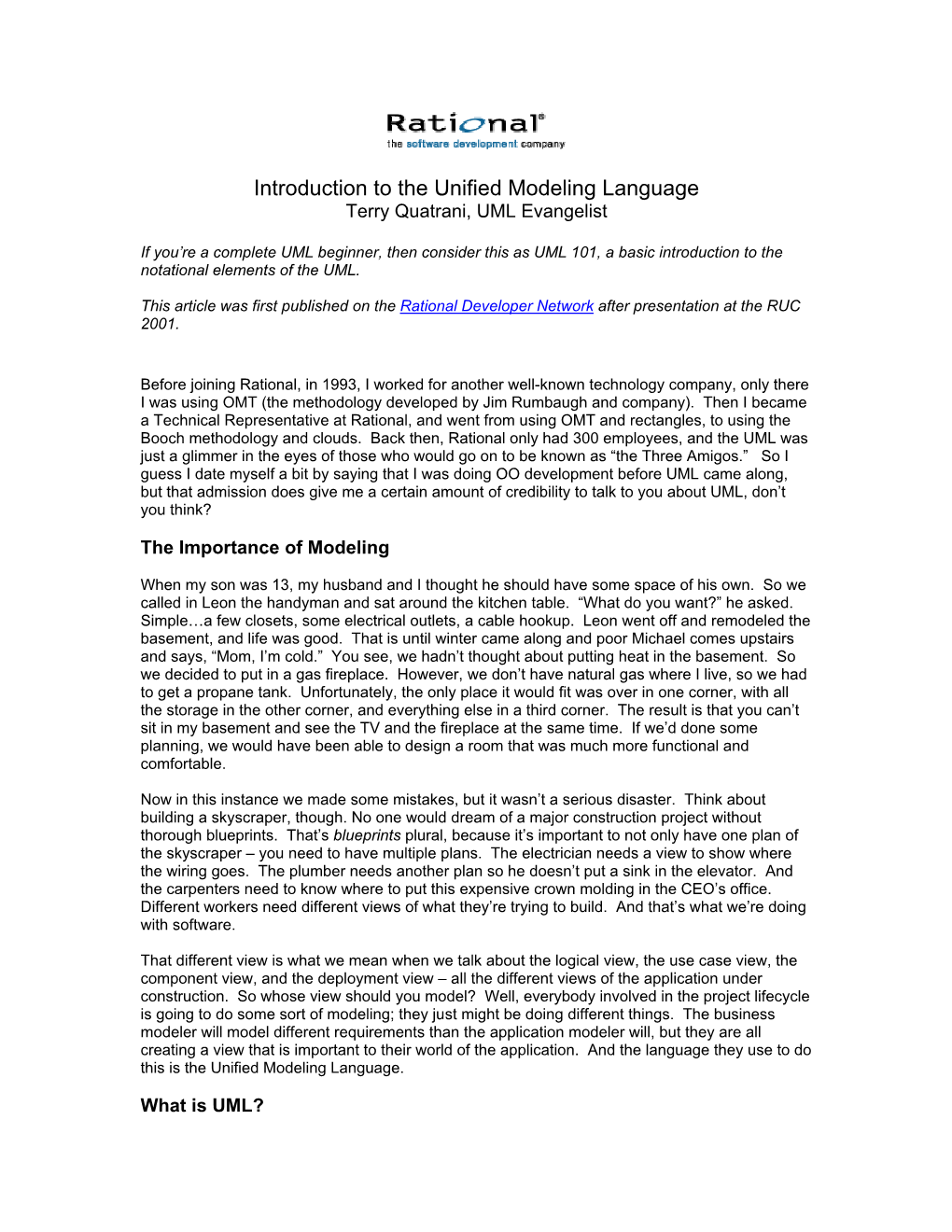 Introduction to the Unified Modeling Language Terry Quatrani, UML Evangelist