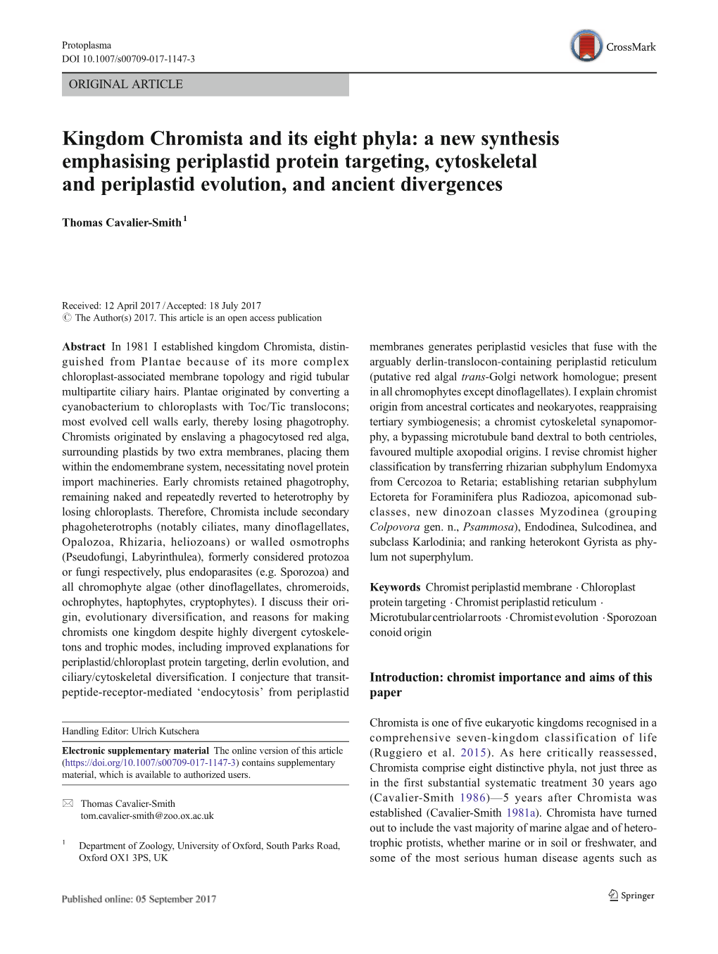 Kingdom Chromista and Its Eight Phyla: a New Synthesis Emphasising Periplastid Protein Targeting, Cytoskeletal and Periplastid Evolution, and Ancient Divergences