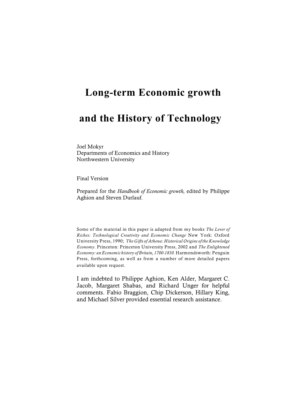 Long-Term Economic Growth and the History of Technology