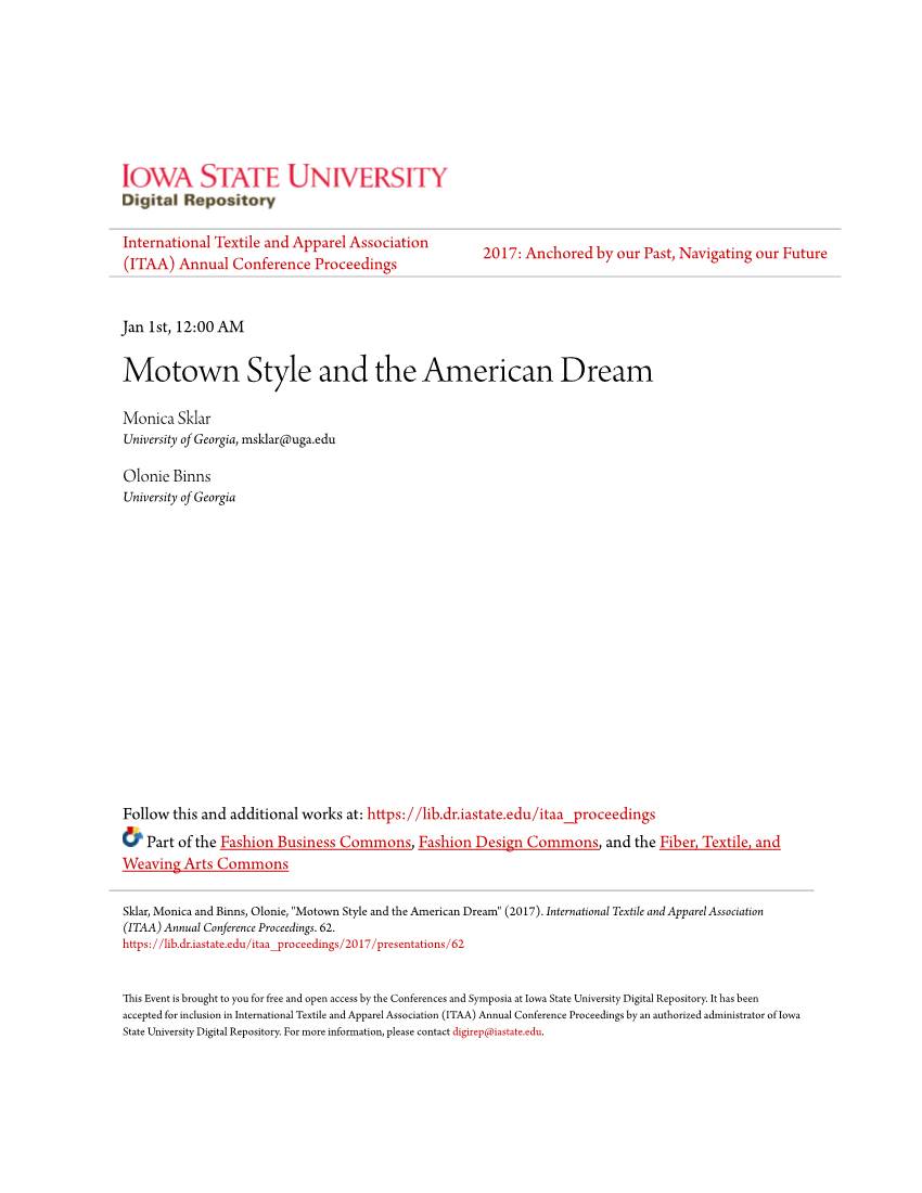 Motown Style and the American Dream Monica Sklar University of Georgia, Msklar@Uga.Edu