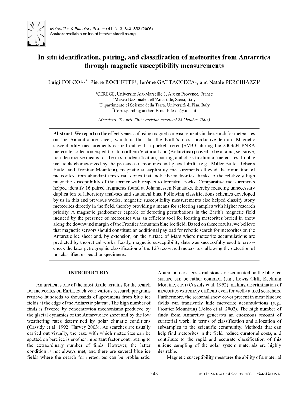 In Situ Identification, Pairing, and Classification of Meteorites from Antarctica Through Magnetic Susceptibility Measurements