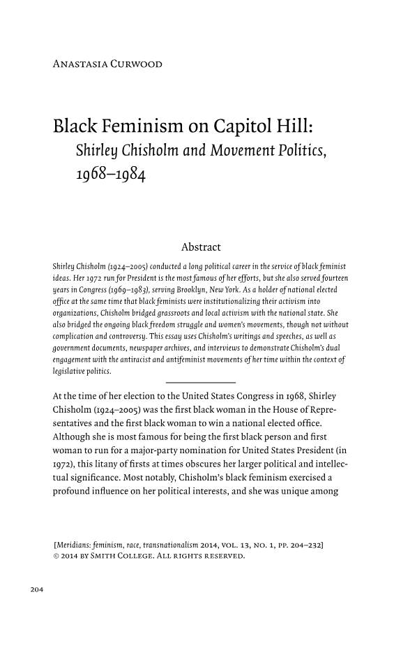 Black Feminism on Capitol Hill: Shirley Chisholm and Movement Politics, 1968–1984