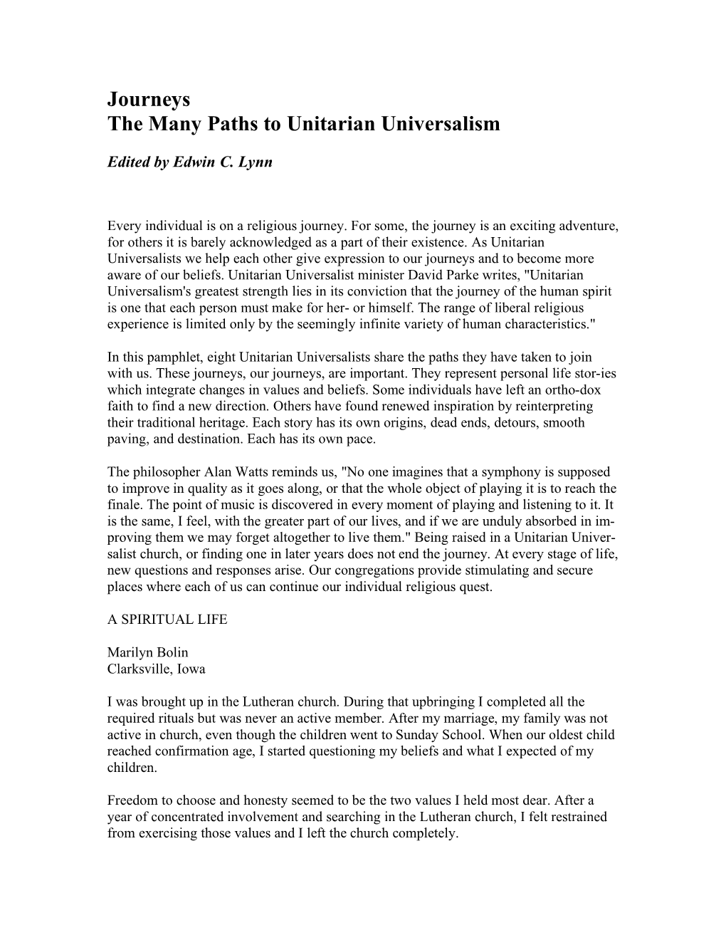 Journeys the Many Paths to Unitarian Universalism