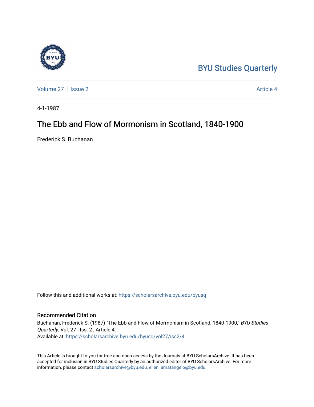 The Ebb and Flow of Mormonism in Scotland, 1840-1900