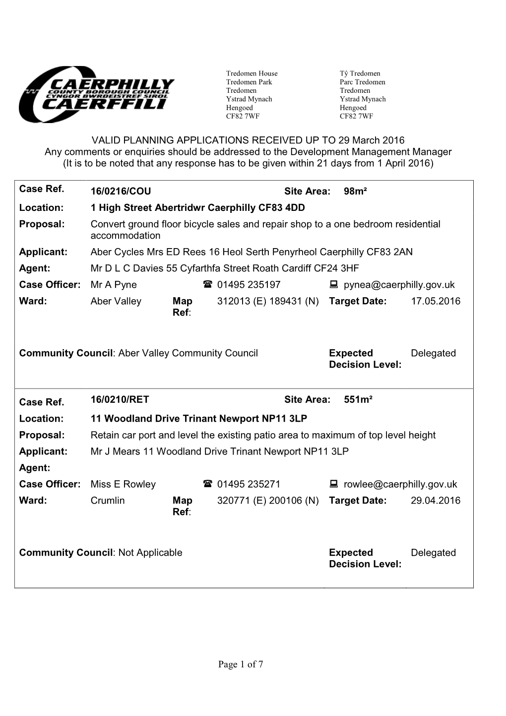 Page 1 of 7 VALID PLANNING APPLICATIONS RECEIVED up TO