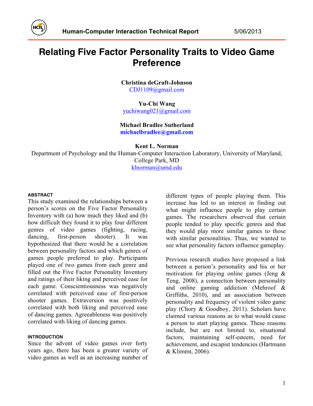 Relating Five Factor Personality Traits to Video Game Preference