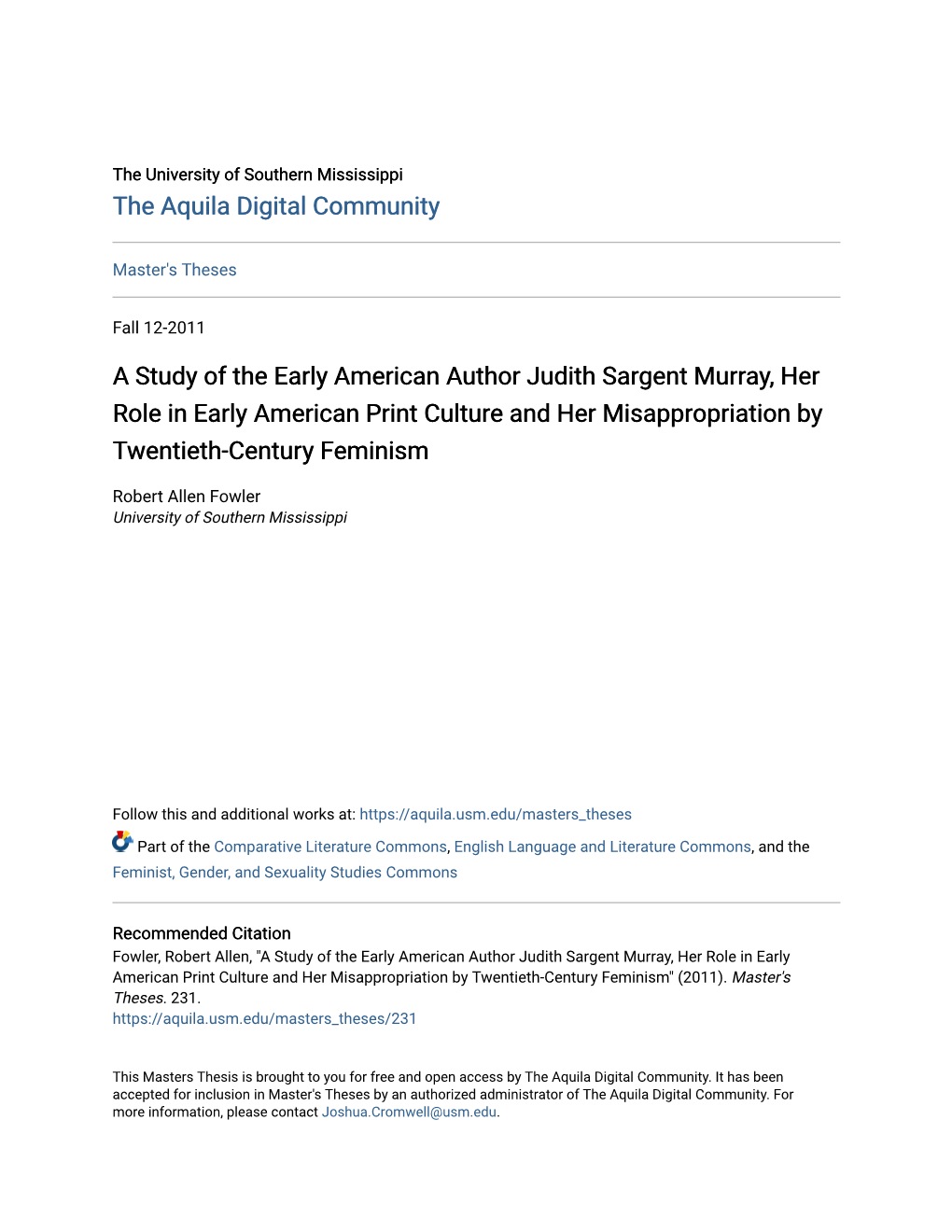 A Study of the Early American Author Judith Sargent Murray, Her Role in Early American Print Culture and Her Misappropriation by Twentieth-Century Feminism