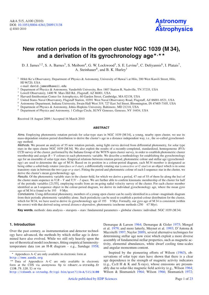 New Rotation Periods in the Open Cluster NGC 1039 (M 34), and a Derivation of Its Gyrochronology Age ,  