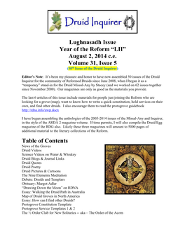 Lughnasadh Issue Year of the Reform “LII” August 2, 2014 C.E