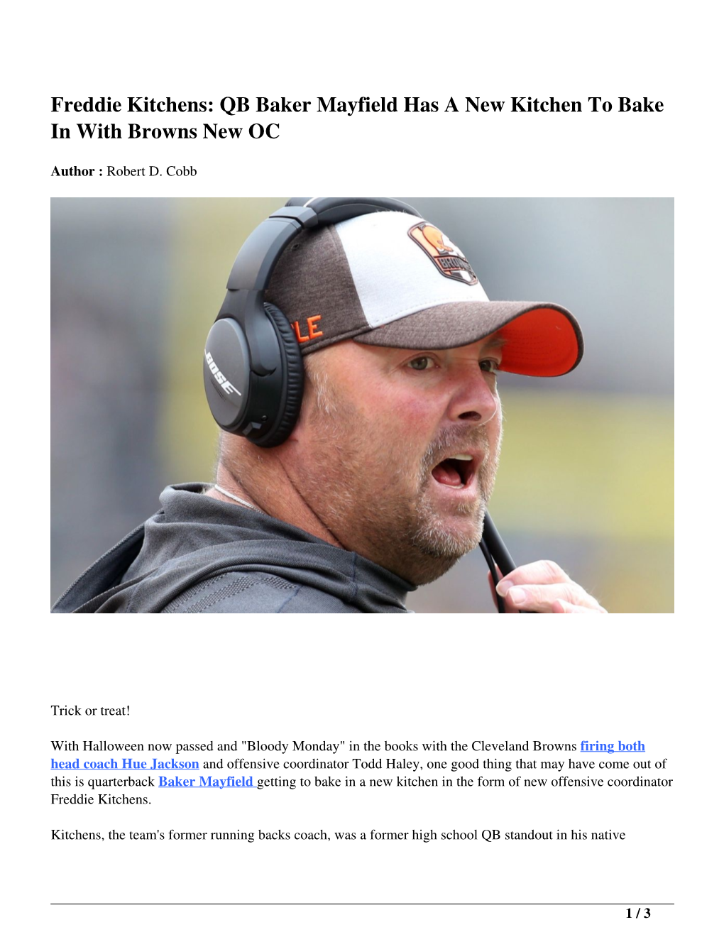 Freddie Kitchens: QB Baker Mayfield Has a New Kitchen to Bake in with Browns New OC