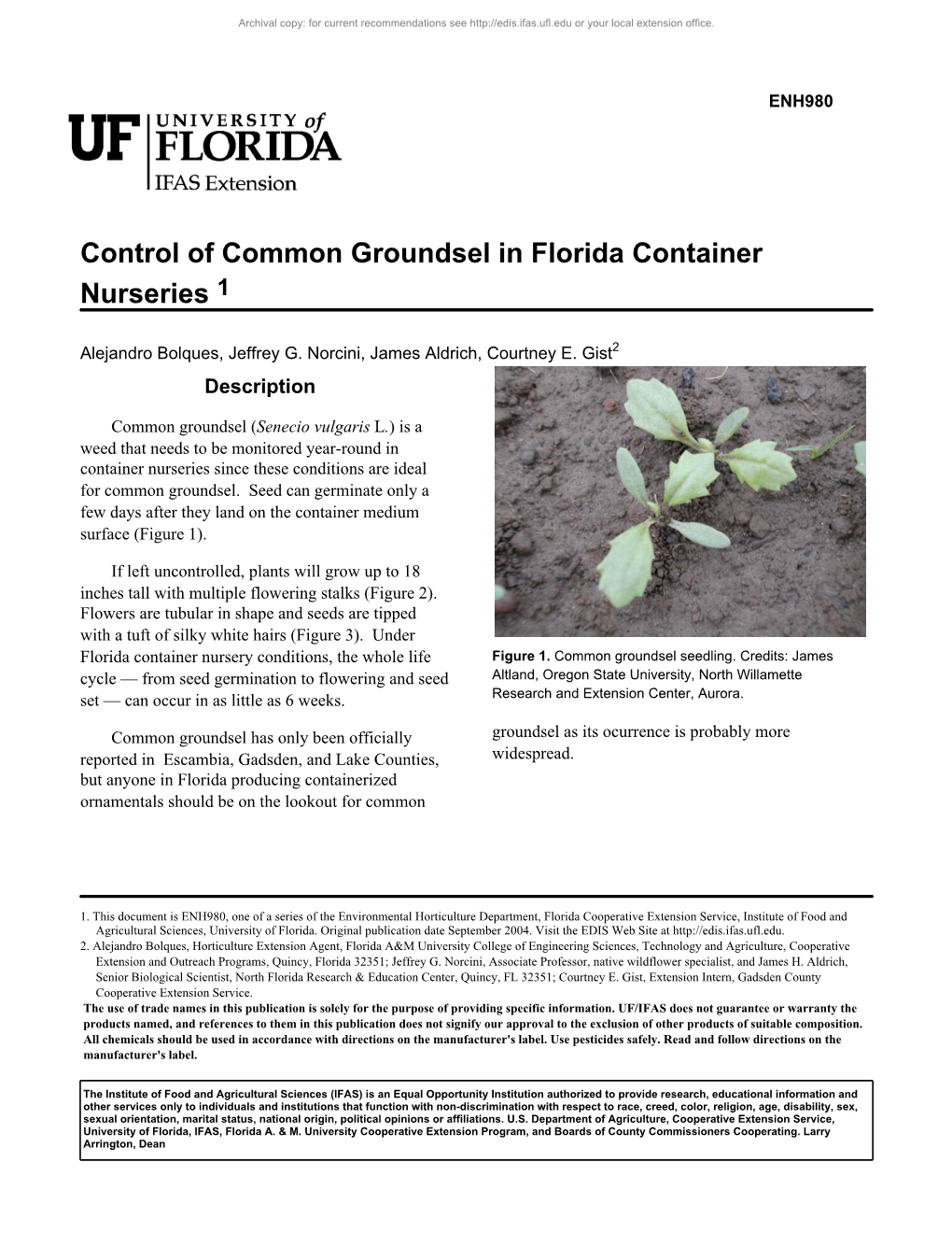 Control of Common Groundsel in Florida Container Nurseries 1