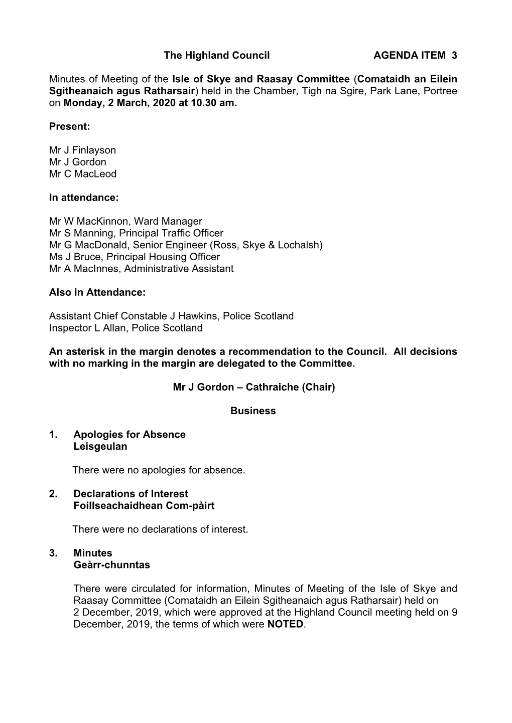 Isle of Skye and Raasay Committee Minutes