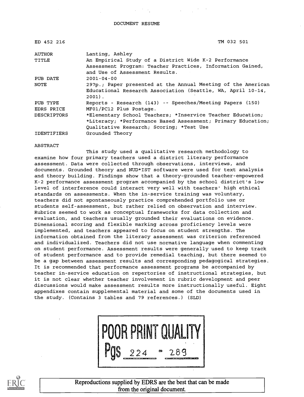 An Empirical Study of a District Wide K-2 Performance Assessment Program: Teacher Practices, Information Gained, and Use of Assessment Results