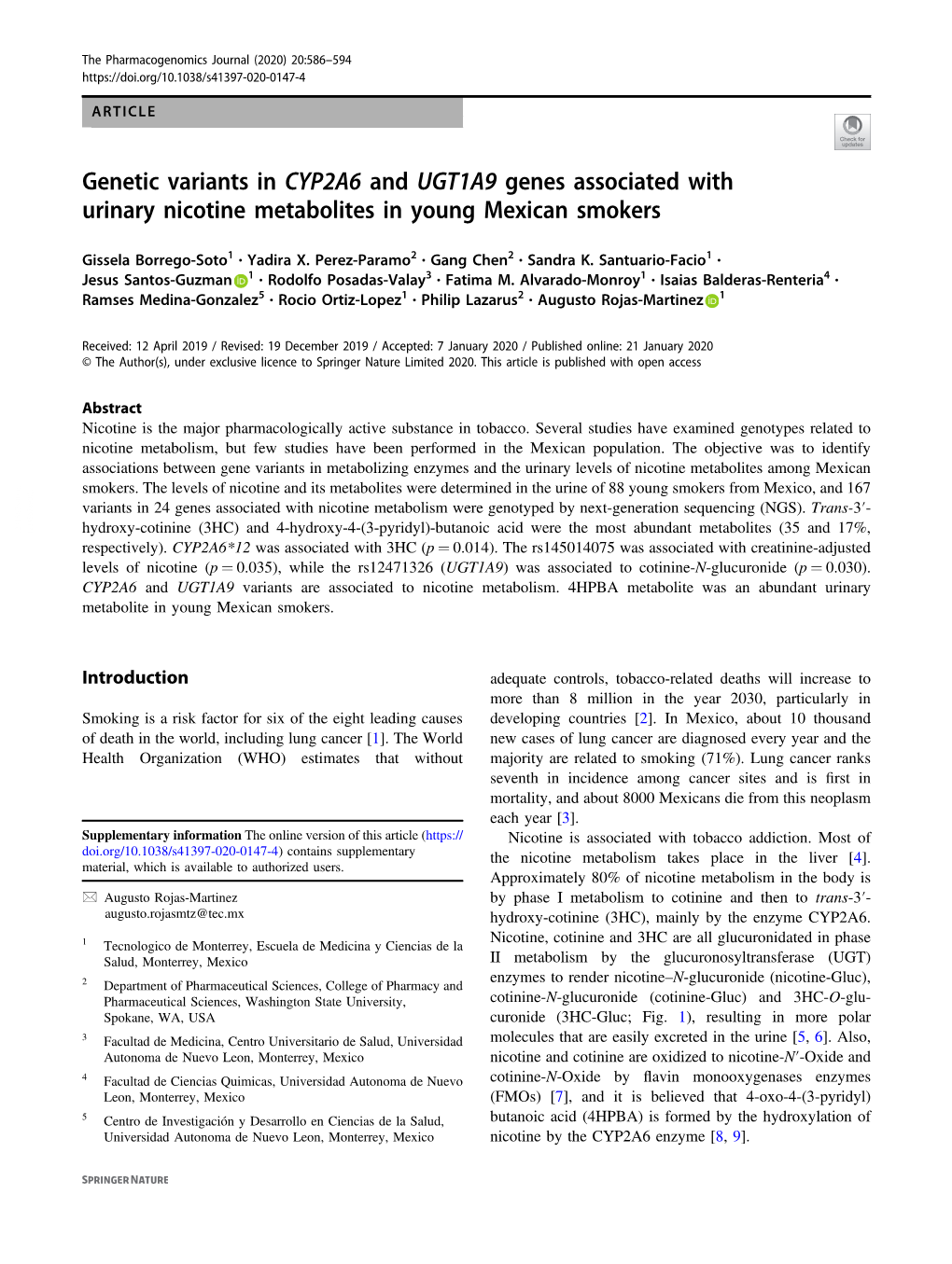 Genetic Variants in CYP2A6 and UGT1A9 Genes Associated with Urinary Nicotine Metabolites in Young Mexican Smokers