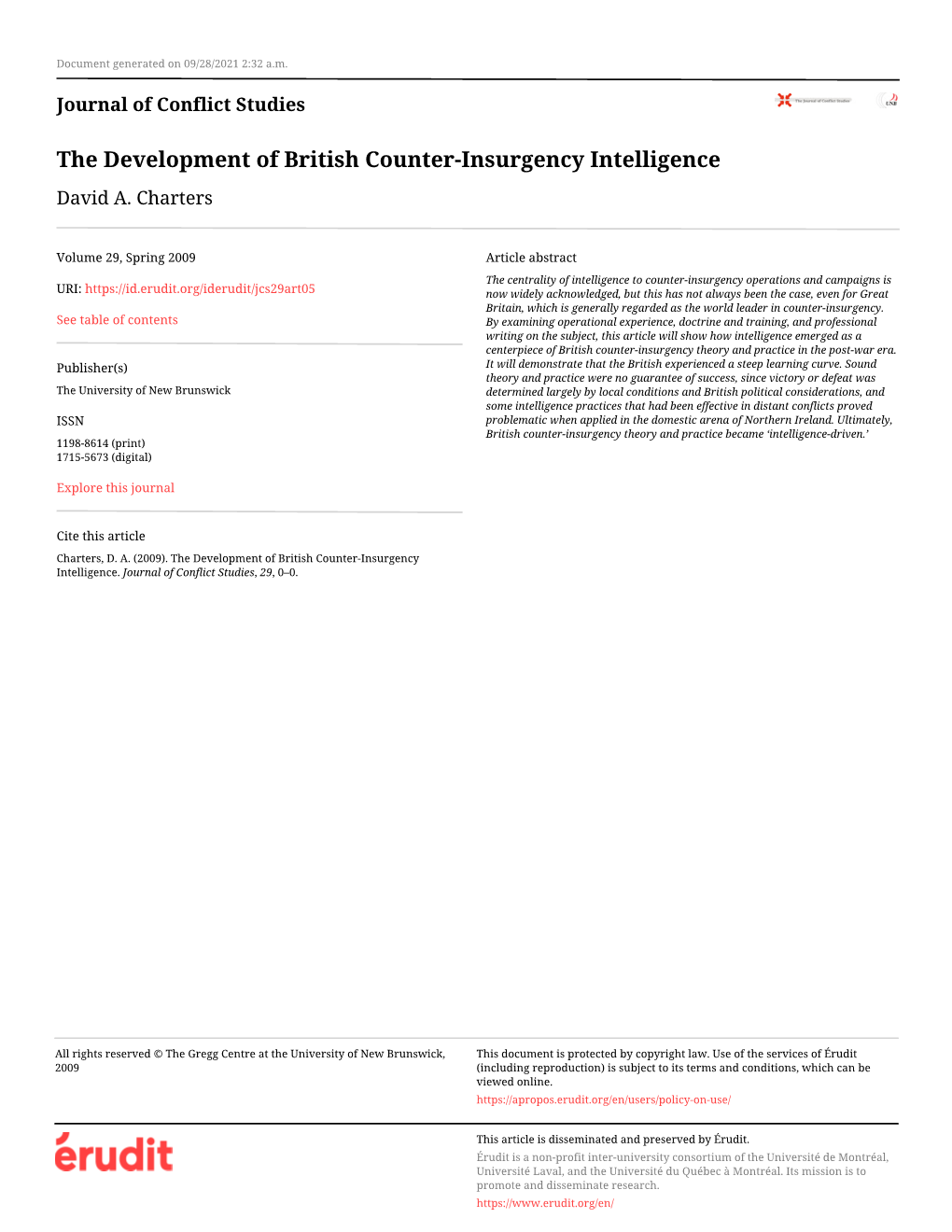 The Development of British Counter-Insurgency Intelligence David A