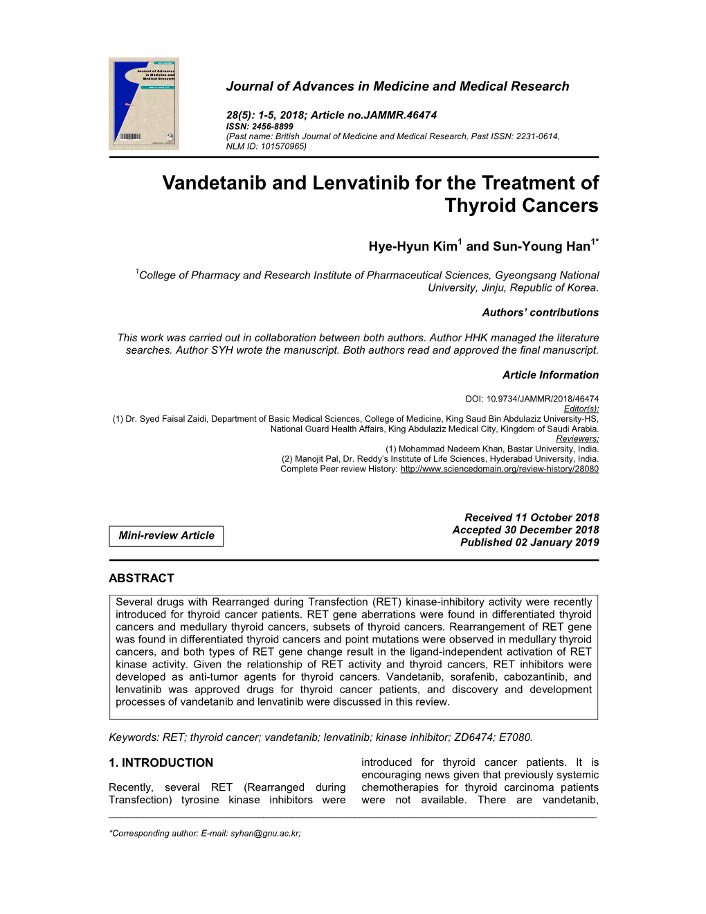 Vandetanib and Lenvatinib for the Treatment of Thyroid Cancers