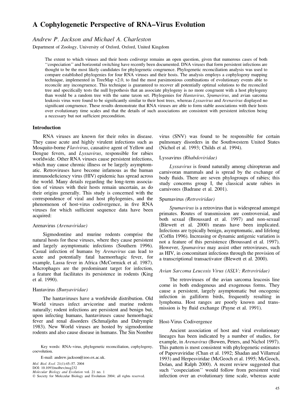 A Cophylogenetic Perspective of RNA–Virus Evolution