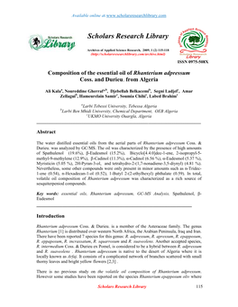 Composition of the Essential Oil of Rhanterium Adpressum Coss. and Durieu. from Algeria
