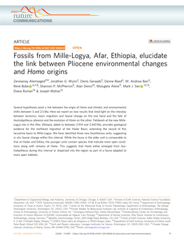 Fossils from Mille-Logya, Afar, Ethiopia, Elucidate the Link Between Pliocene Environmental Changes and Homo Origins ✉ Zeresenay Alemseged1 , Jonathan G
