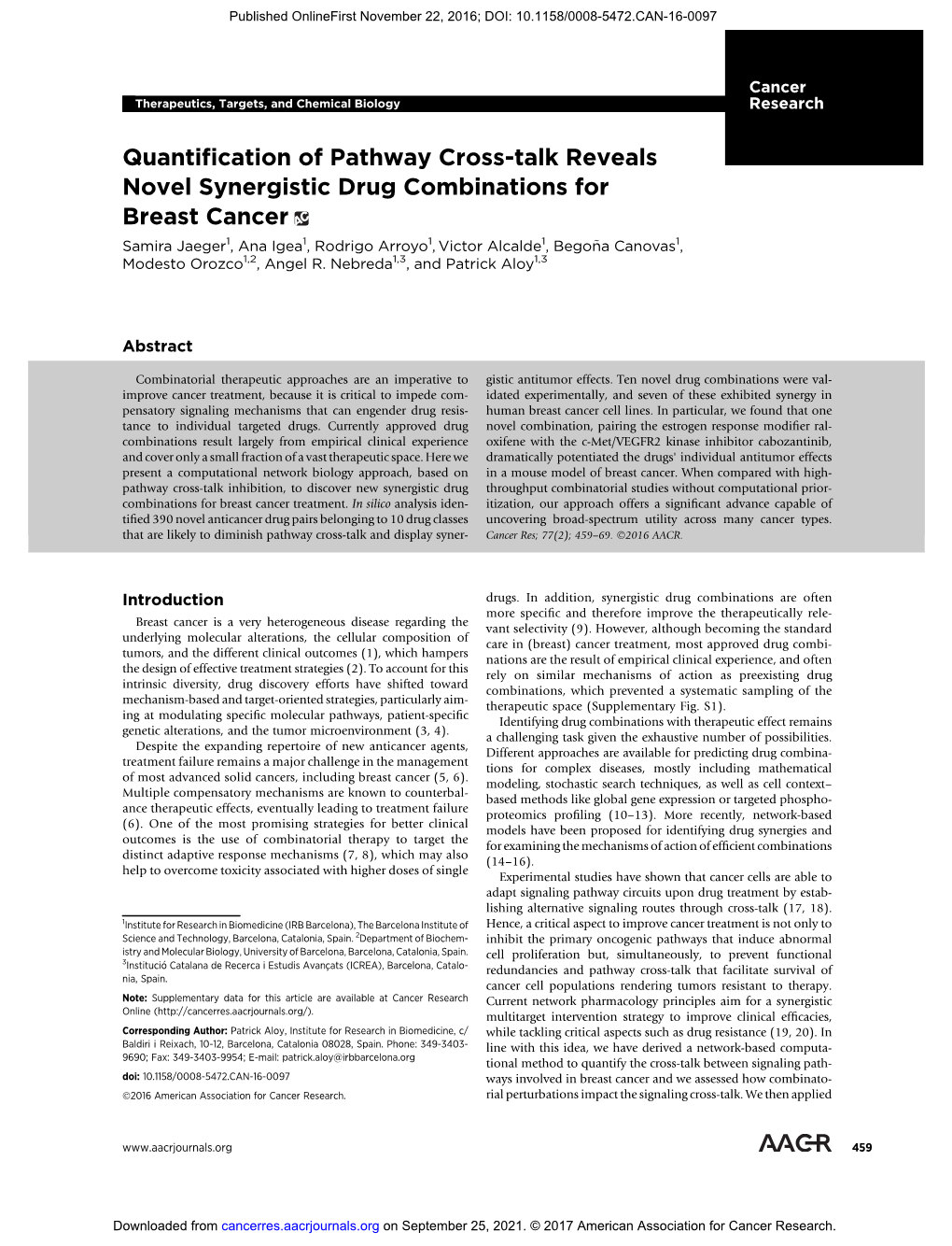 Quantification of Pathway Cross-Talk Reveals Novel Synergistic Drug Combinations for Breast Cancer