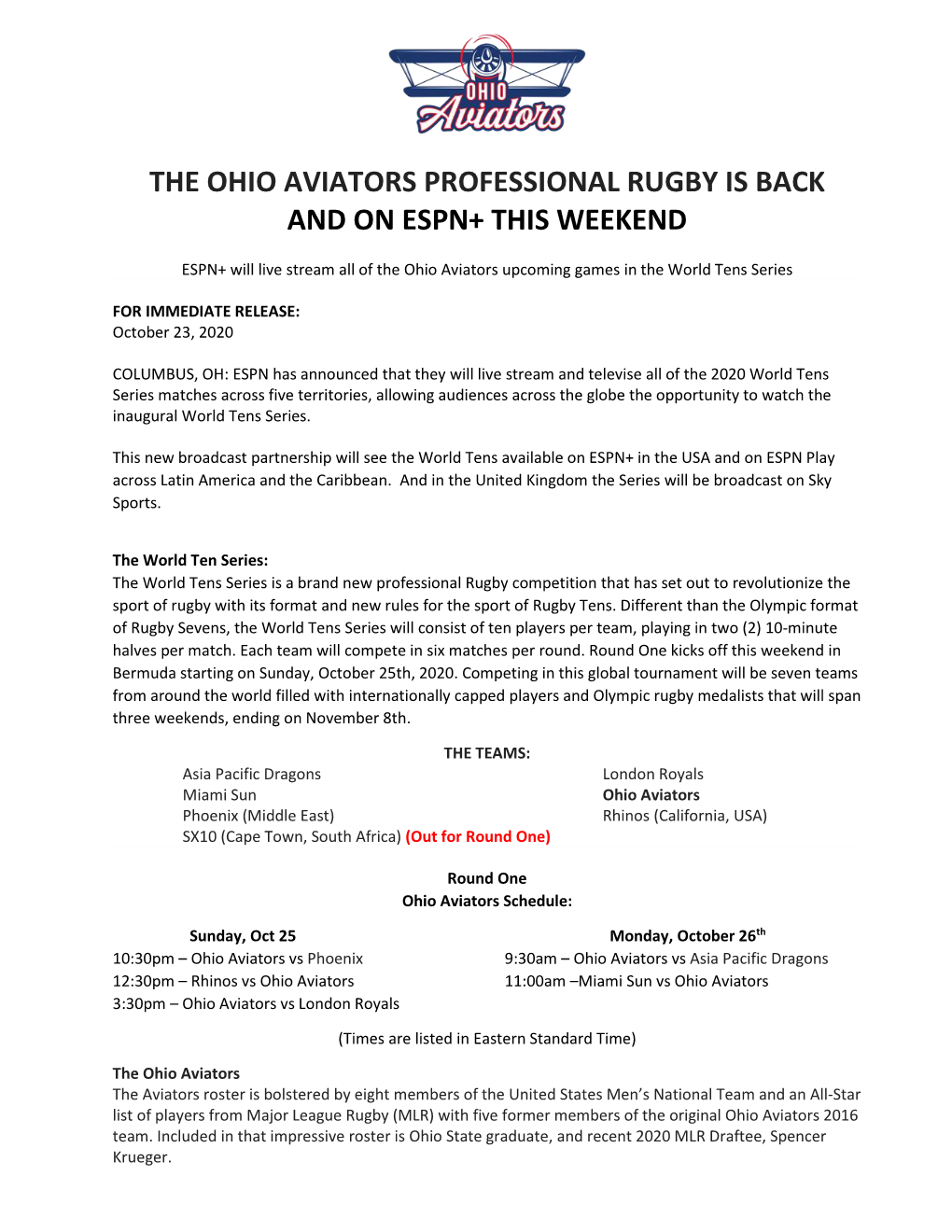 The Ohio Aviators Professional Rugby Is Back and on Espn+ This Weekend