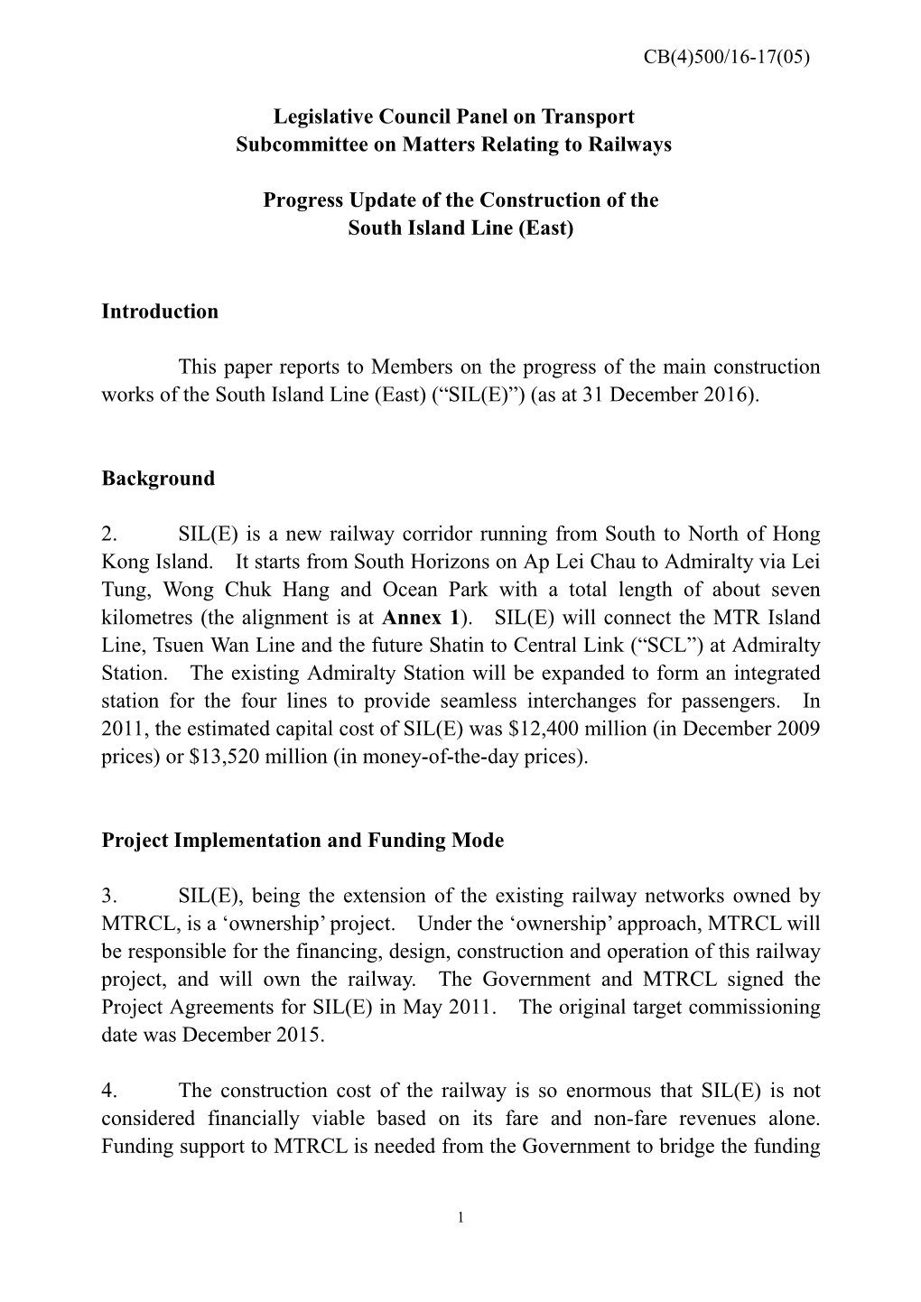 Administration's Paper on the Progress Update of the Construction of the South Island Line