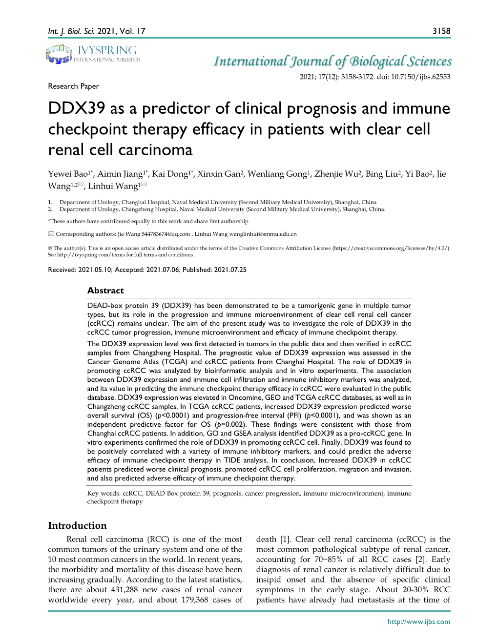 DDX39 As a Predictor of Clinical Prognosis and Immune Checkpoint Therapy Efficacy in Patients with Clear Cell Renal Cell Carcinoma