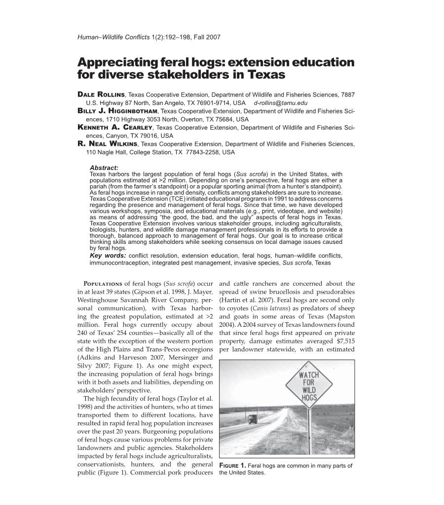 Appreciating Feral Hogs: Extension Education for Diverse Stakeholders in Texas