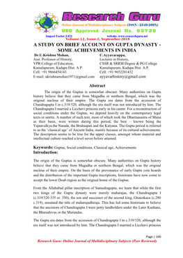 A STUDY on BRIEF ACCOUNT on GUPTA DYNASTY - SOME ACHIEVEMENTS in INDIA Dr.U.Krishna Mohan, C.Ayyavarappa, Asst