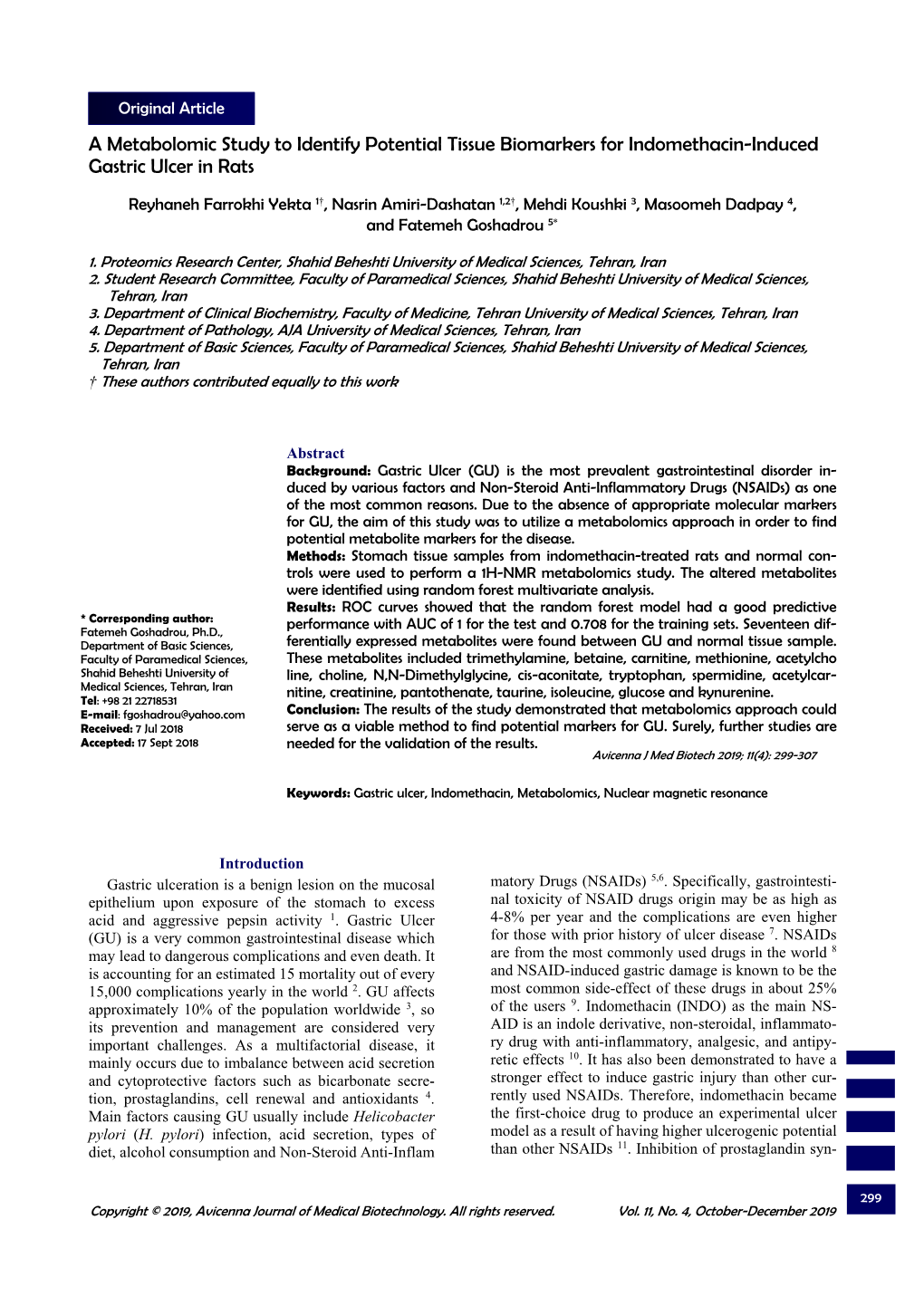 A Metabolomic Study to Identify Potential Tissue Biomarkers for Indomethacin-Induced Gastric Ulcer in Rats