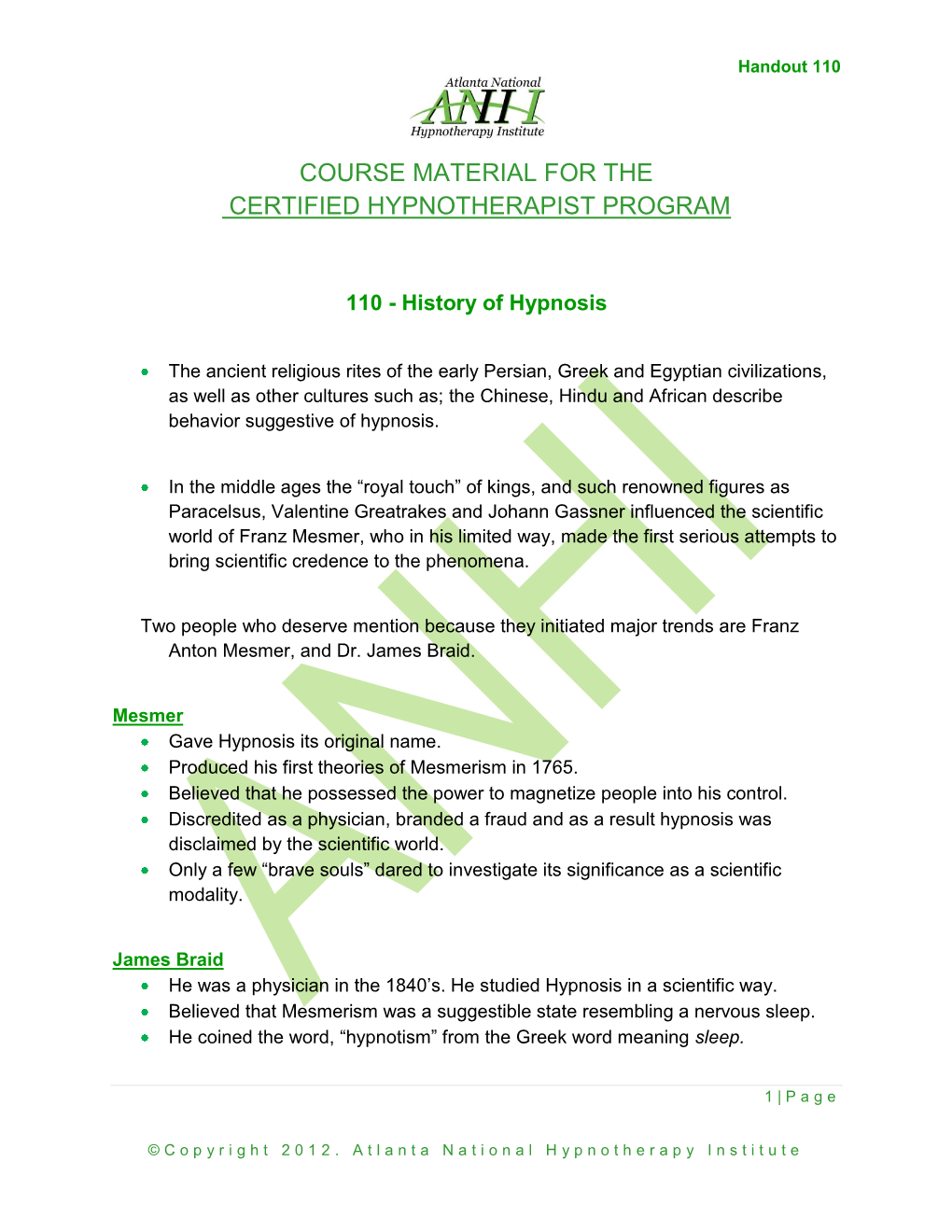 Course Material for the Certified Hypnotherapist Program
