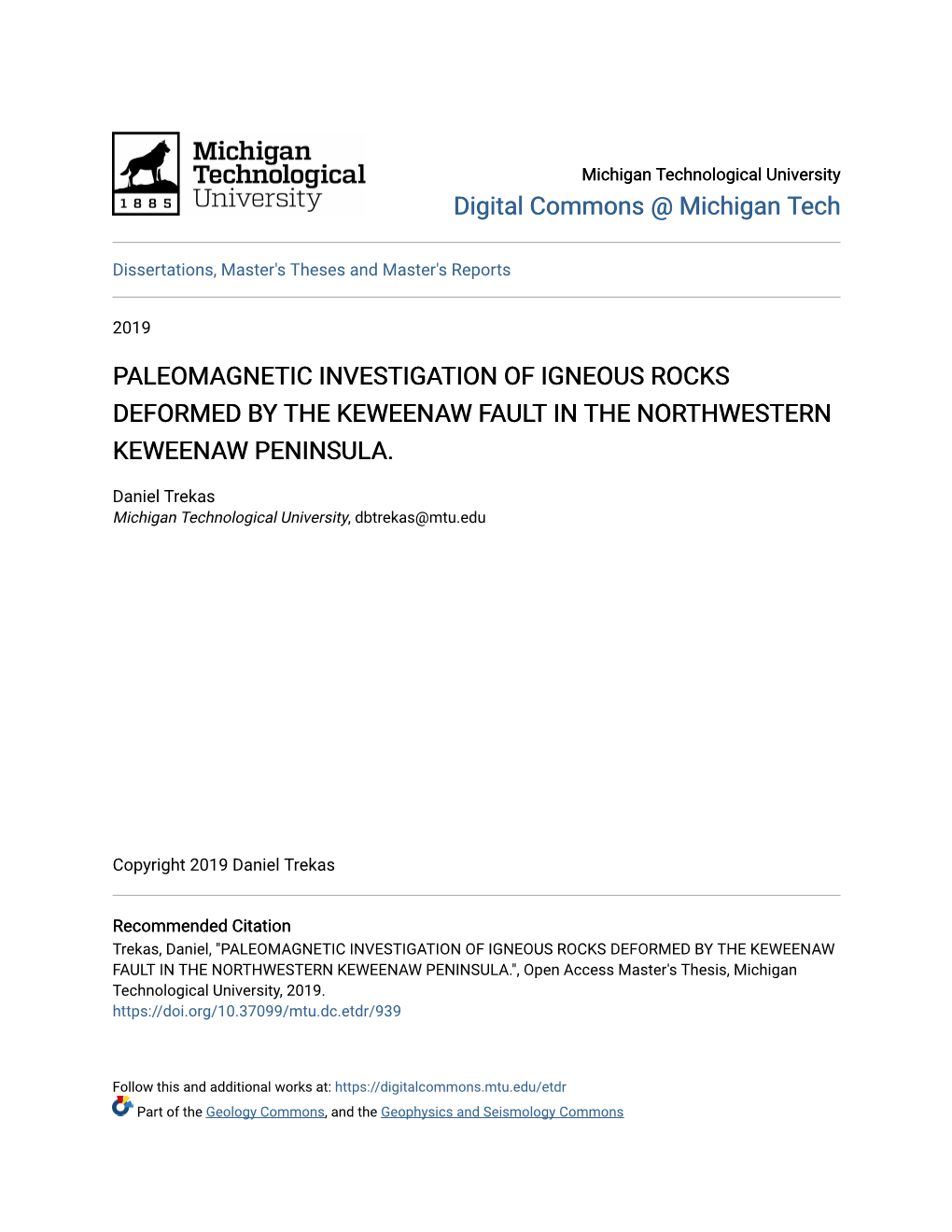 Paleomagnetic Investigation of Igneous Rocks Deformed by the Keweenaw Fault in the Northwestern Keweenaw Peninsula