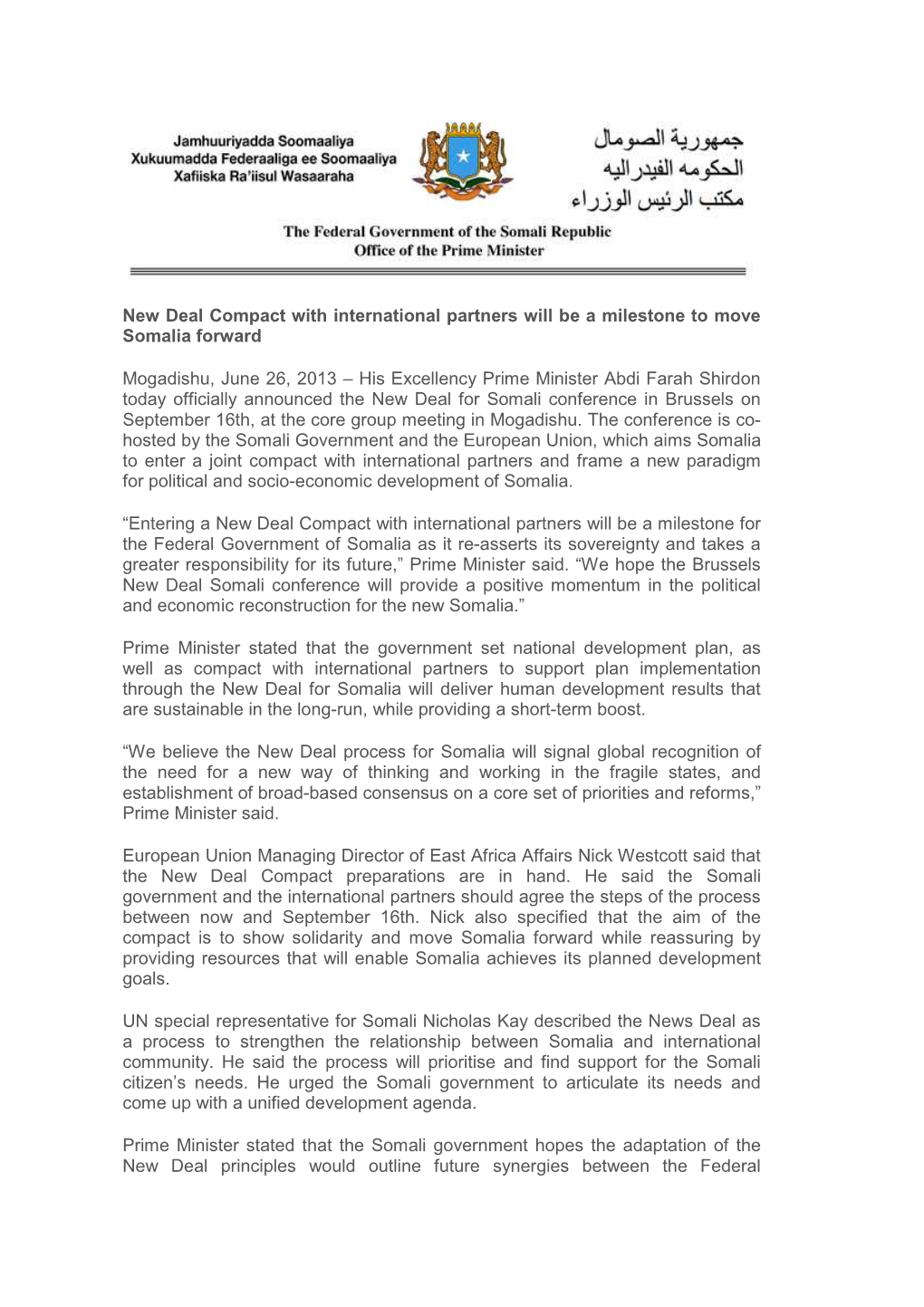 New Deal Compact Press Release Somali Prime Minister.Pdf