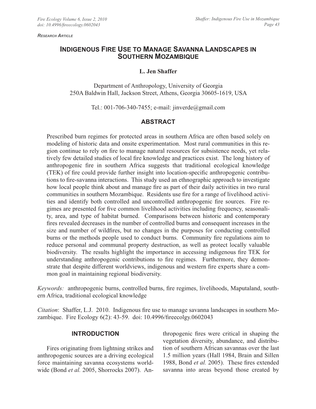 Indigenous Fire Use to Manage Savanna Landscapes in Southern Mozambique