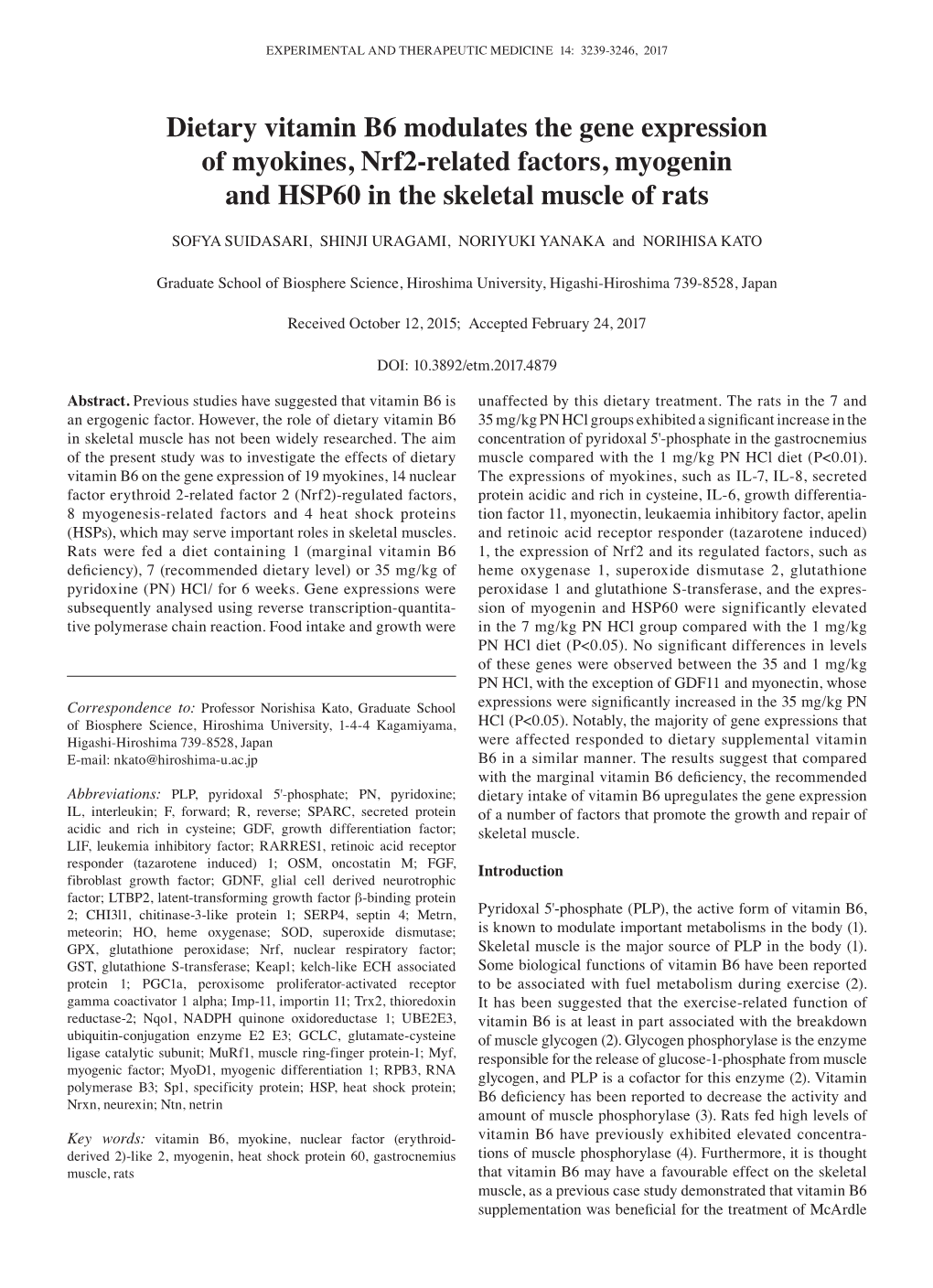 Dietary Vitamin B6 Modulates the Gene Expression of Myokines, Nrf2‑Related Factors, Myogenin and HSP60 in the Skeletal Muscle of Rats