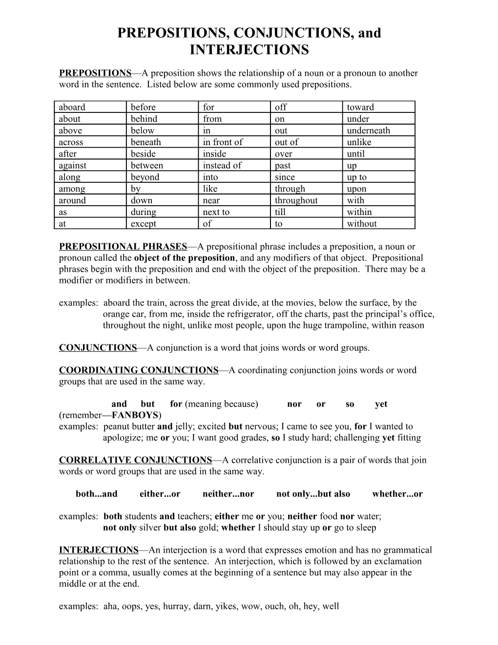 Prepositions and Conjunctions